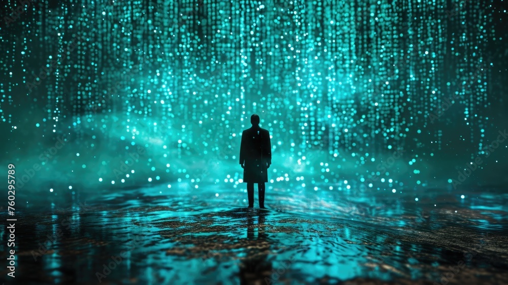 The picture of the single person that has been walking into the endless walkway that has been raining with the digital matrix green binary rain of code that seem like person search something. AIGX01. - obrazy, fototapety, plakaty 