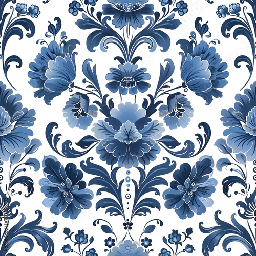 Intricate seamless design of ornamental blue flowers, rendered in a classic, damask-inspired pattern with rich details and a regal color palette.