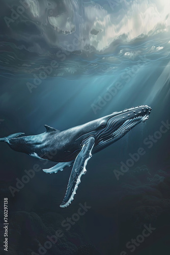 Realistic portrait of a majestic humpback whale swimming gracefully through the ocean