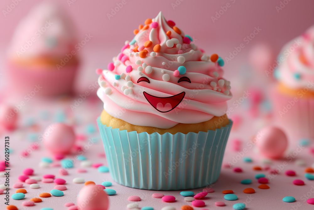 Pink and teal kawaii anime pastry cupcake, cartoon pop art