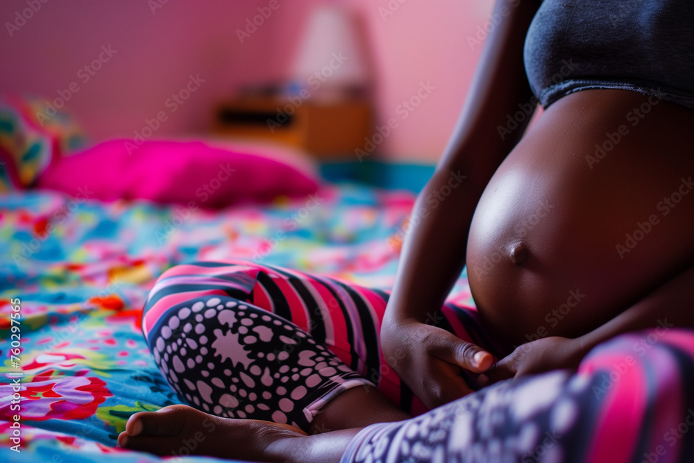 anonymous black woman's pregnant torso sitting on bed, colorful pattern clothes