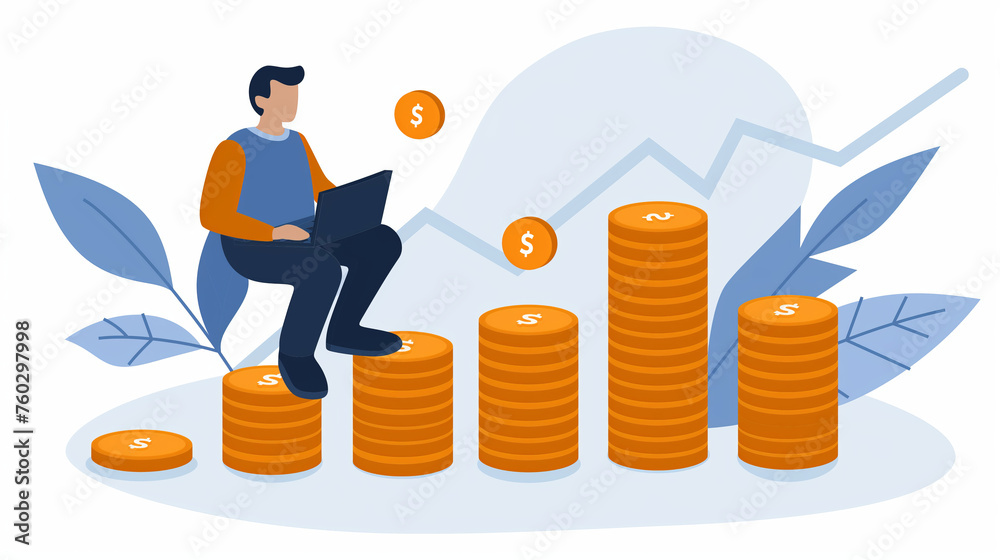 A person with a laptop computer sitting on a financial chart illustration symbolizing startup success, investment growth and planning, self made businessman finance strategy progress