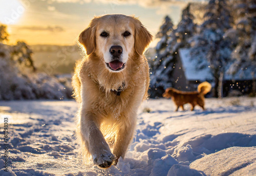 old golden retriever walking towards the camera in the snow at dusk with blurred background