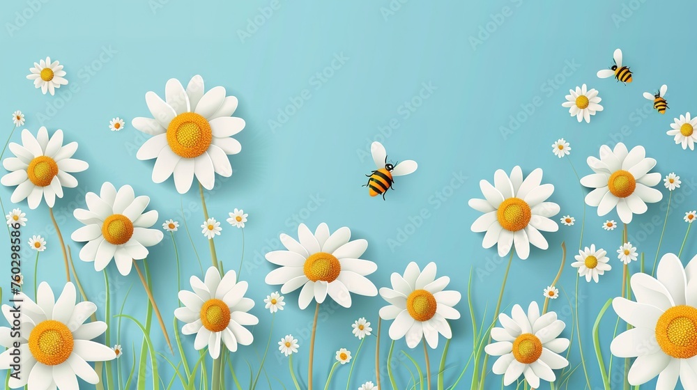 Bee cartoons and daisy flower on blue background,generative ai,