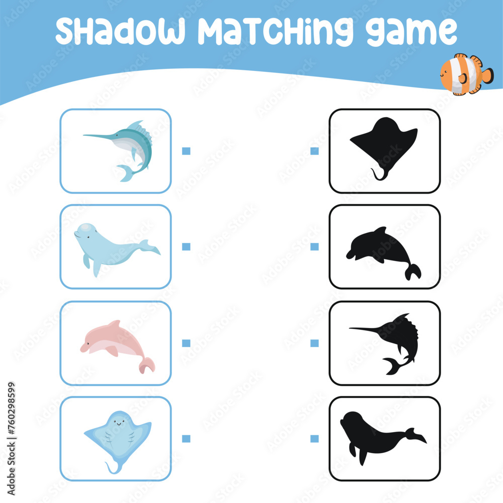 Matching shadow game for children. Find the correct shadow. Worksheet for kid. Printable activity page for kids