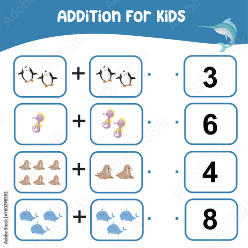 Addition for kids worksheet. Kids educational game. Let’s count together. Printable educational worksheet activity