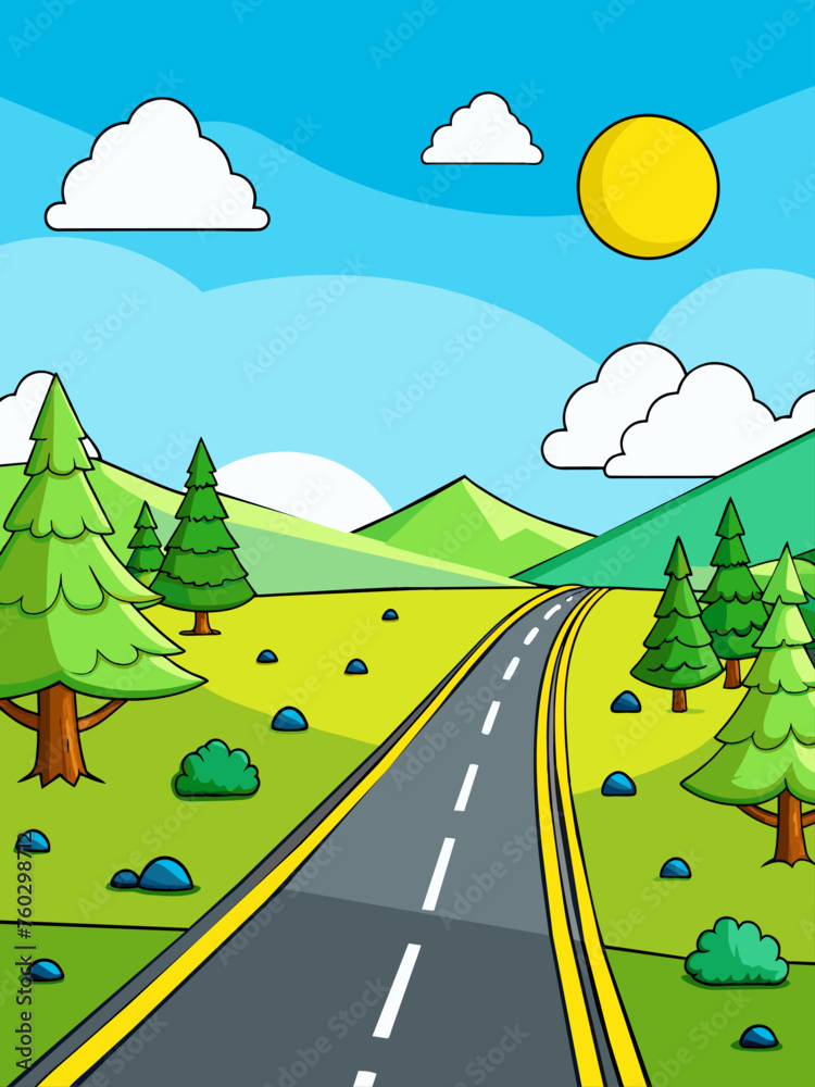 Vector illustration of a winding road disappearing into the horizon, surrounded by lush green fields and distant mountains.