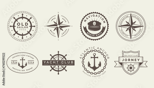 Nautical logo. Ship club icon. Navigation compass. Captain sailor yacht. Sailing wheel badge. Navy hat. Sea anchor. Ocean wave. Old marine emblem design. Maritime boat. Vector garish vintage signs set