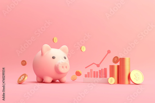 Piggy bank with coins and a chart financial graph, deposit saving concept colorful illustration, retirement future investment funds planning