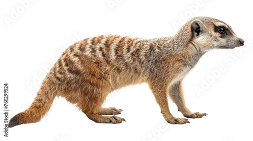 An inquisitive meerkat standing on all fours, its fur pattern and attentive expression in focus