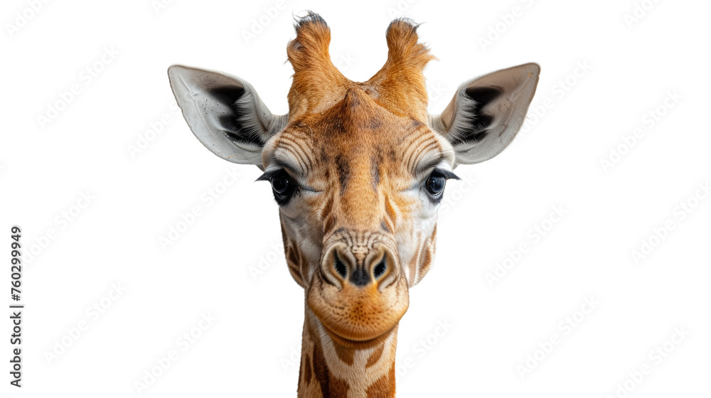 An endearing close-up of a giraffe's face showcasing its large eyes, long lashes, and patterned fur, against a white background