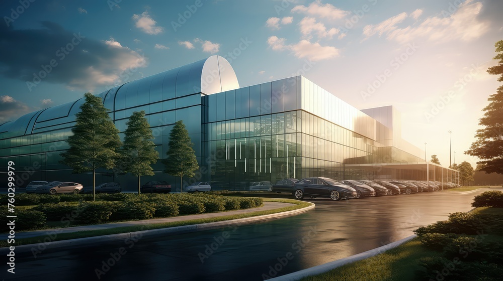factory electric automobile plant illustration green sustainable, technology assembly, manufacturing vehicles factory electric automobile plant