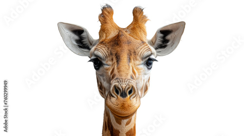 An endearing close-up of a giraffe's face showcasing its large eyes, long lashes, and patterned fur, against a white background