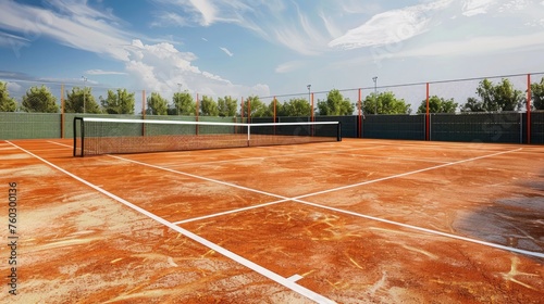 Tennis court with net and markers on clay. © Chaonchai