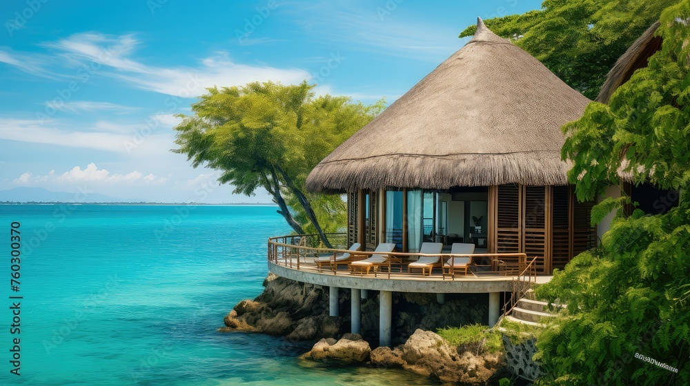 relaxation travel bungalow building illustration exotic luxury, escape retreat, island ocean relaxation travel bungalow building