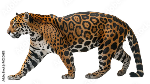 Full body shot of a majestic jaguar with distinctive spots walking  meticulously isolated on a white background showcasing its wild elegance