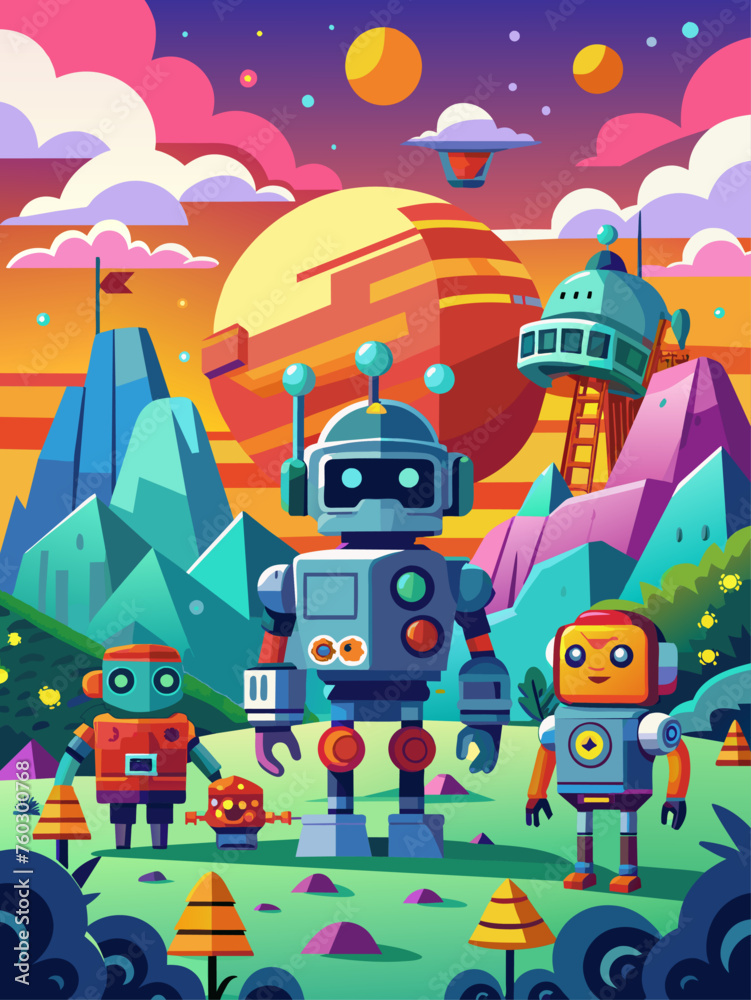 Robots vector landscape background depicts a futuristic cityscape with towering buildings and advanced technology integrated into the natural environment.