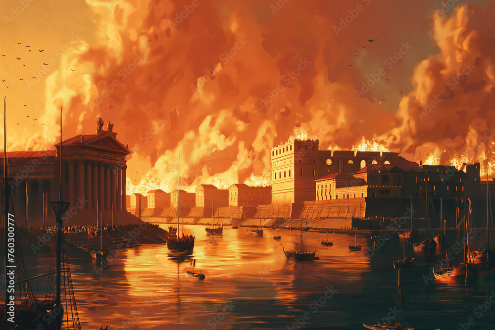 Φωτογραφία The fall of the Roman Empire, Rome in flames cartoon illustration