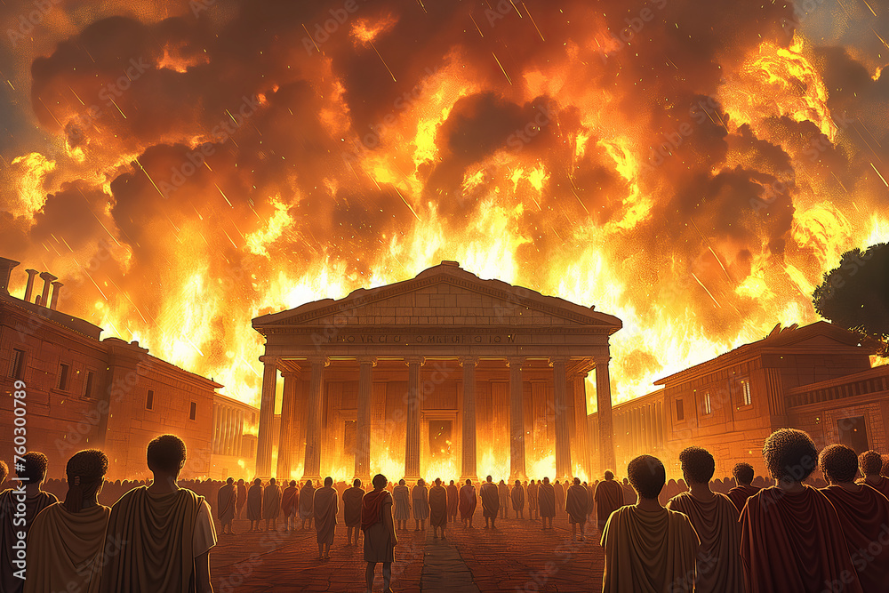 Φωτογραφία The fall of the Roman Empire, Rome in flames cartoon illustration