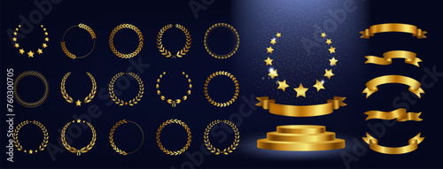 Gold award. Laurel wreath and winner ribbon. Oscar ceremony. Golden stars. Champion podium. Elegant stage. Premium certificate. Trophy celebration. Luxury prize. Vector victory reward elements set