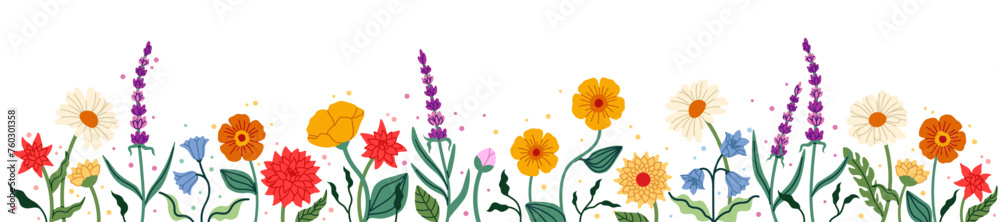 Flower spring. Summer banner, border floral, plant leaf and simple colorful daisy blossoms, rose and lavender garden. Forest graphic tropical abstract bush, frame design. Vector cover decorative set