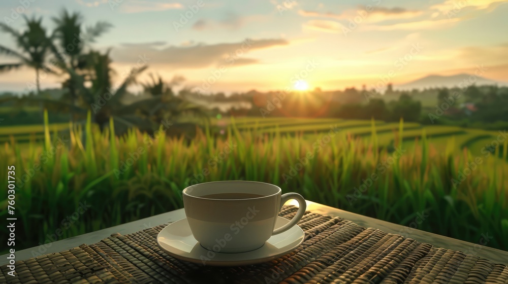 Cups and tea on the table with a view of rice fields and grass in the morning as the sun rises Cups and tea on the table with a view of rice fields and grass in the morning as the sun rises