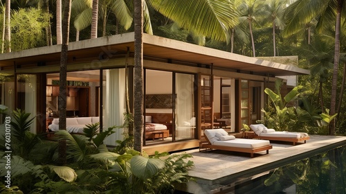 tropical resort bungalow building illustration oceanfront paradise, relaxation vacation, spa pool tropical resort bungalow building