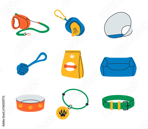 Dogs accessories. Pet tools. Veterinary shop. Collar with leash and badge. Canine feeder bowl. Doggy dry food bag. Poppies kennel cushion and ball toy. Domestic animals care. Vector vet supplies set