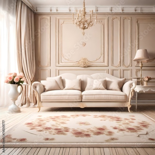 interior design of classic room in beige and white colors with couch table and a vase of roses, copy space on top half