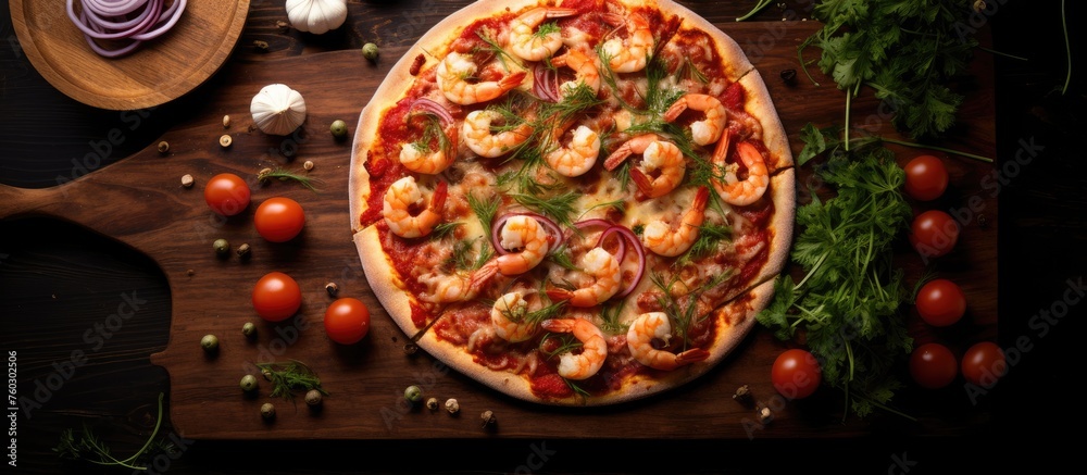 Savory Pizza Delight with Tasty Shrimp, Juicy Tomatoes, and Zesty Onions