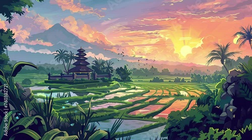 Morning Majesty: A picturesque sunrise over a vast expanse of rice fields, with majestic mountains towering in the dist  Seamless looping 4k time-lapse virtual video animation background. Generated AI photo
