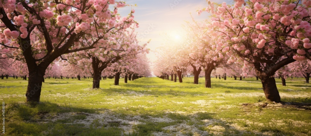 Fototapeta premium Enchanting Spring Scene: Sunlight Filtering Through Trees Over a Field of Blooming Pink Flowers