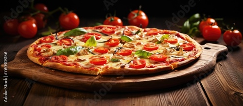 Delicious Pizza with Fresh Tomatoes and Fragrant Basil Leaves on Rustic Wooden Board