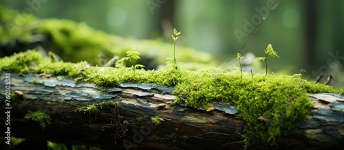 Serenity: Tranquil Moss-Covered Log in Enchanted Forest with Sunlight Filtering Through Trees