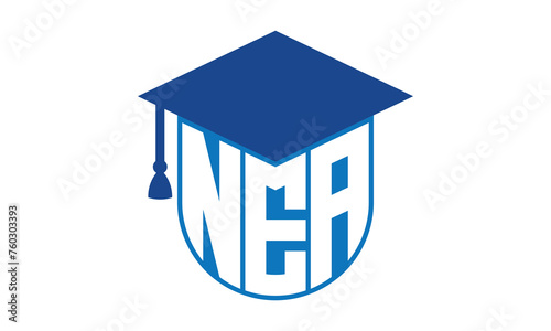 NEA initial letter academic logo design vector template. school college logo, university logo, graduation cap logo, institute logo, educational logo, library logo, teaching logo, book shop, varsity	