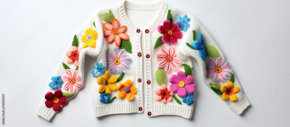 Chic White Sweater adorned with Colorful Floral Embroidery for Stylish Fashion Statement