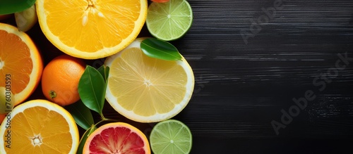Vibrant Citrus Fruits and Limes Arranged on a Stylish Black Background