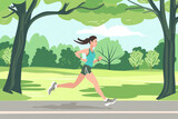 A woman exercising running in the city park flat cartoon illustration, healthy lifestyle, sport jogging training fitness