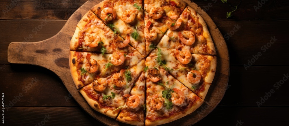 Succulent Shrimp and Gooey Cheese Topped Pizza Presentation on a Rustic Wooden Background