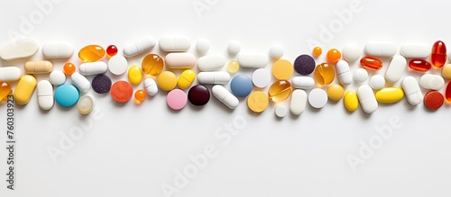 Assorted Medication Pills Scattered on Clean White Surface for Healthcare Concept