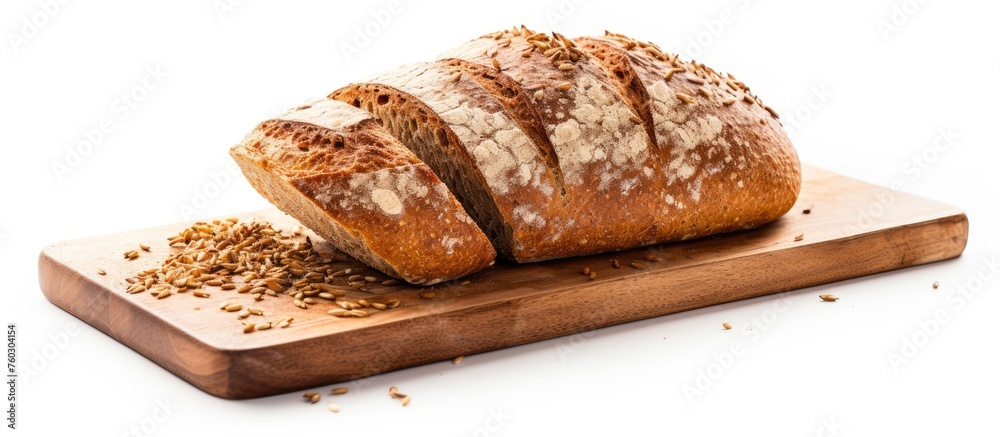 Rustic Homemade Bread Loaf on a Wooden Cutting Board with Flour Dusting Rustic Homemade Bread Loaf on a Wooden Cutting Board with Flour Dusting