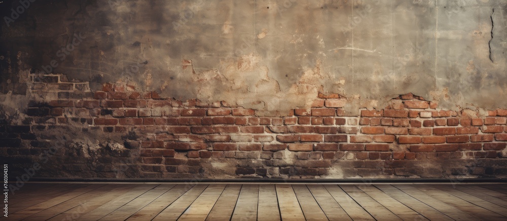 The Rustic Charm of an Aged Brick Wall Set Against a Warm Wooden Floor - obrazy, fototapety, plakaty 