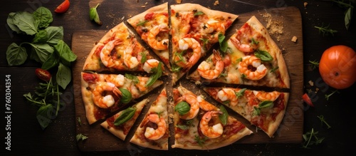 Delicious Shrimp and Basil Pizza Presentation on Rustic Wooden Cutting Board