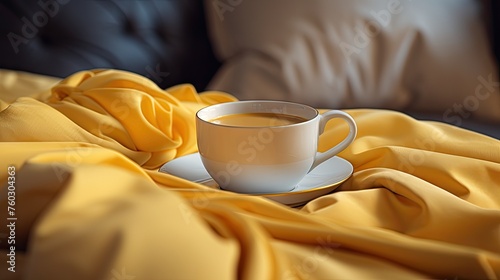 Serene Morning Bliss: Relaxing with a Cup of Coffee on Cozy Bed in Soft Sunlight photo