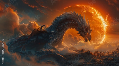 Fantasy dragon in solar eclipse, side view, dark mystic atmosphere, twilight colors photo
