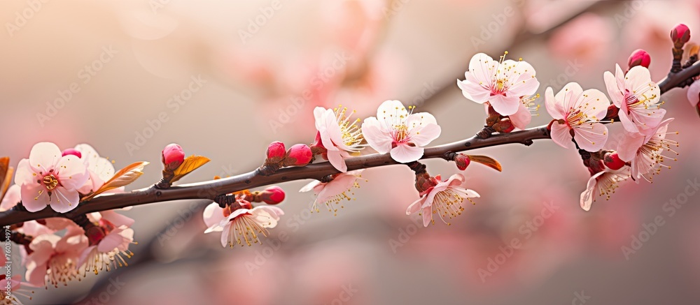 Delicate Cherry Blossom Branch with Pink Flowers, Symbol of Spring and Renewal