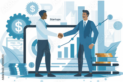 Two businessmen handshake creating a startup, financial innovation, technology, internet and marketing, flat cartoon illustration