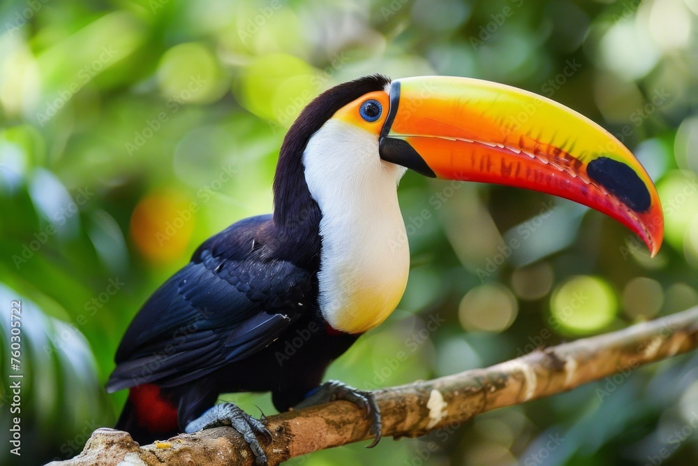 Fototapeta premium Toucan Perched on a Branch in the Rainforest with Its Distinctive Colorful Beak in Sharp Focus