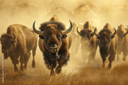 Herd of Bison Advancing Through Dusty Plains at Sunset, Exemplifying the Wild's Untamed Essence