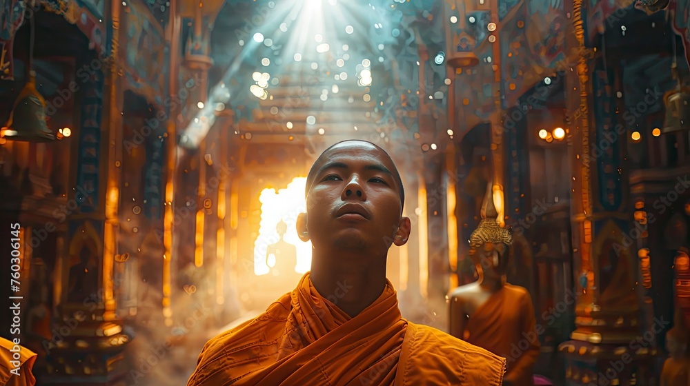 front shot of a Buddhist monk with a serious face in a shinny place generative ai front shot of a Buddhist monk with a serious face in a shinny place generative ai